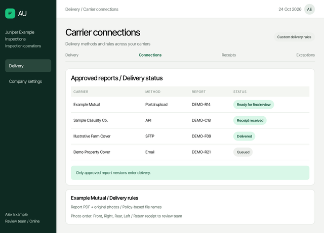 Carrier connections: how each carrier receives approved reports, by portal upload, API, SFTP or email, with each report’s delivery status.