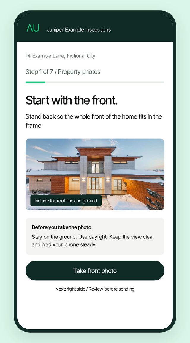 A guided self-inspection on a resident’s phone, asking for a photo of the front of the home, with tips for taking it.